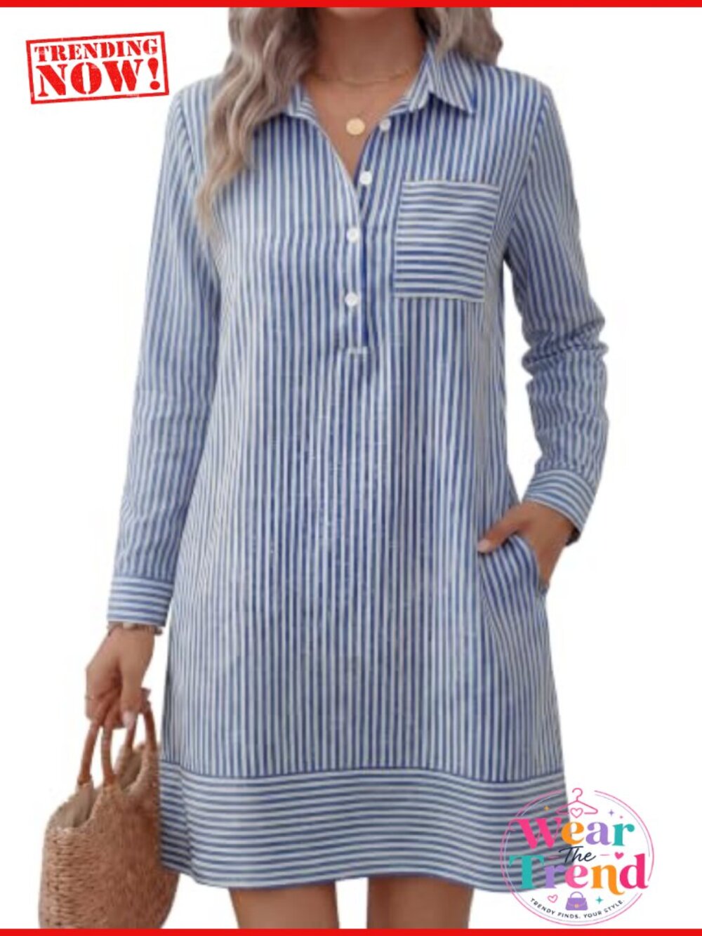 Women's Long Sleeve Striped Shift Shirt Dress with Pockets